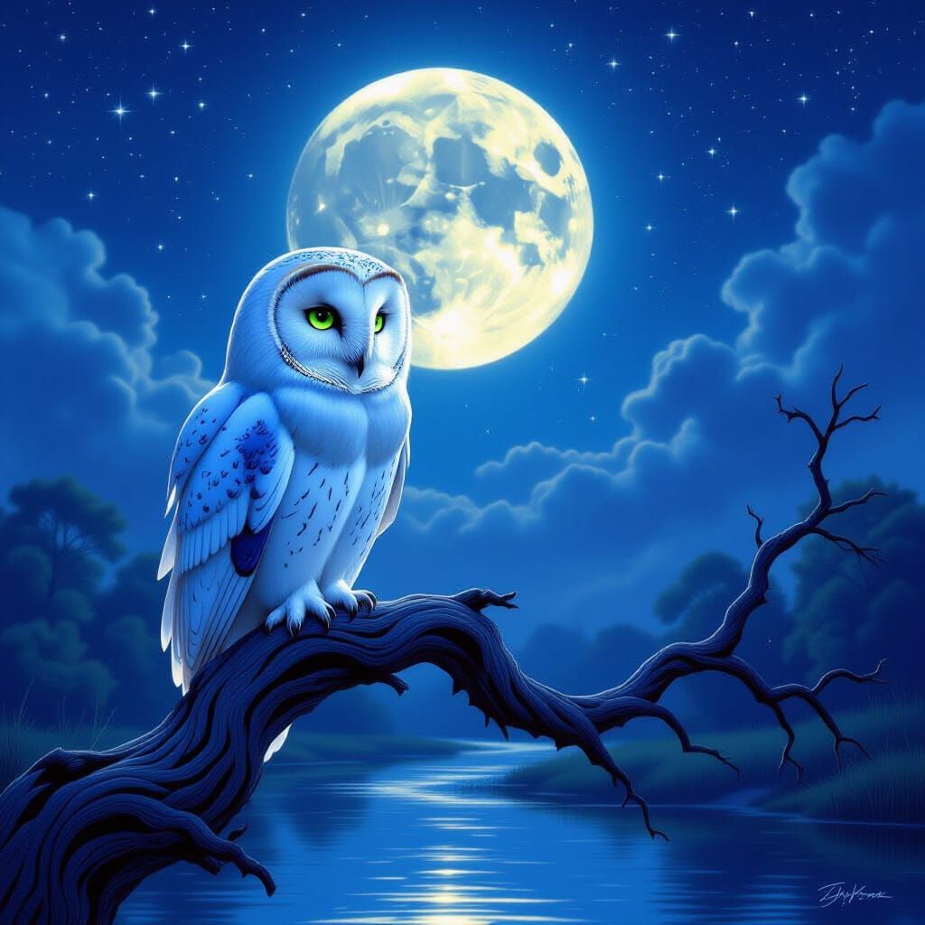 White Owl with Green Eyes Gazes at Starry Night