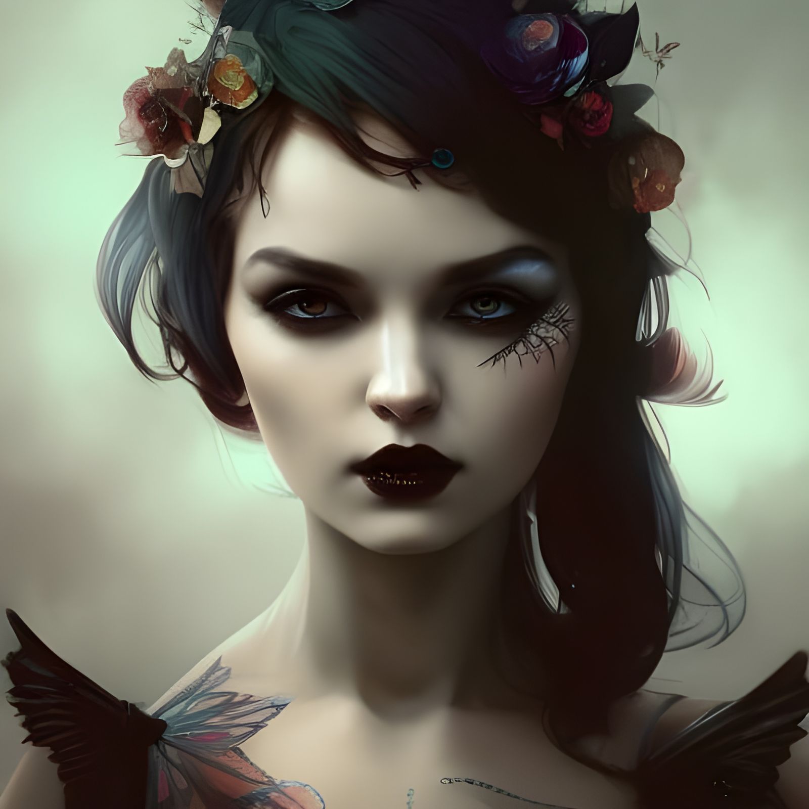 Detailed Gothic Fairy Portrait in Art Nouveau Style
