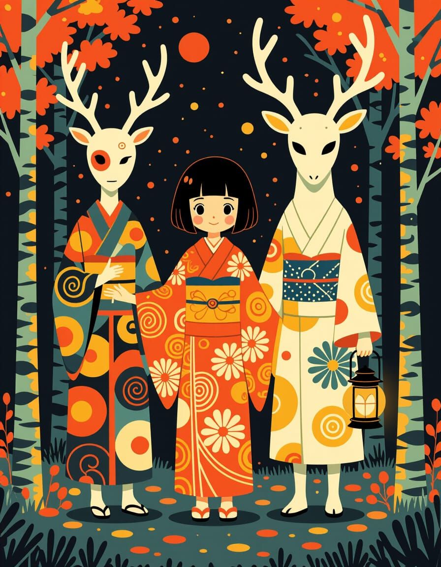 Miyazaki Inspired Girl and Spirits in Enchanted Forest