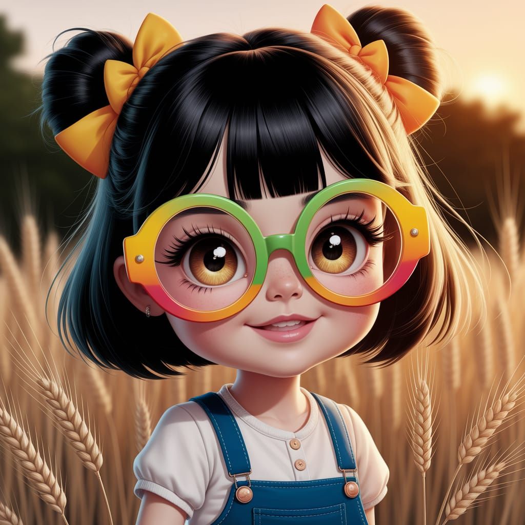 Charming Chibi Girl with Bold Yellow & Orange Eyeglasses