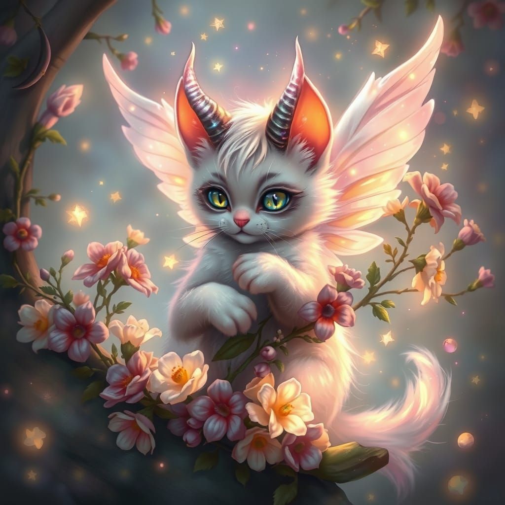 Whimsical Winged Feline Companion in Dreamy, Enchanted Realm