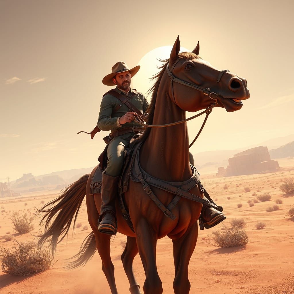 Cowboy Rides into a Desert Sunset in a Hyper-Realistic 3D An...