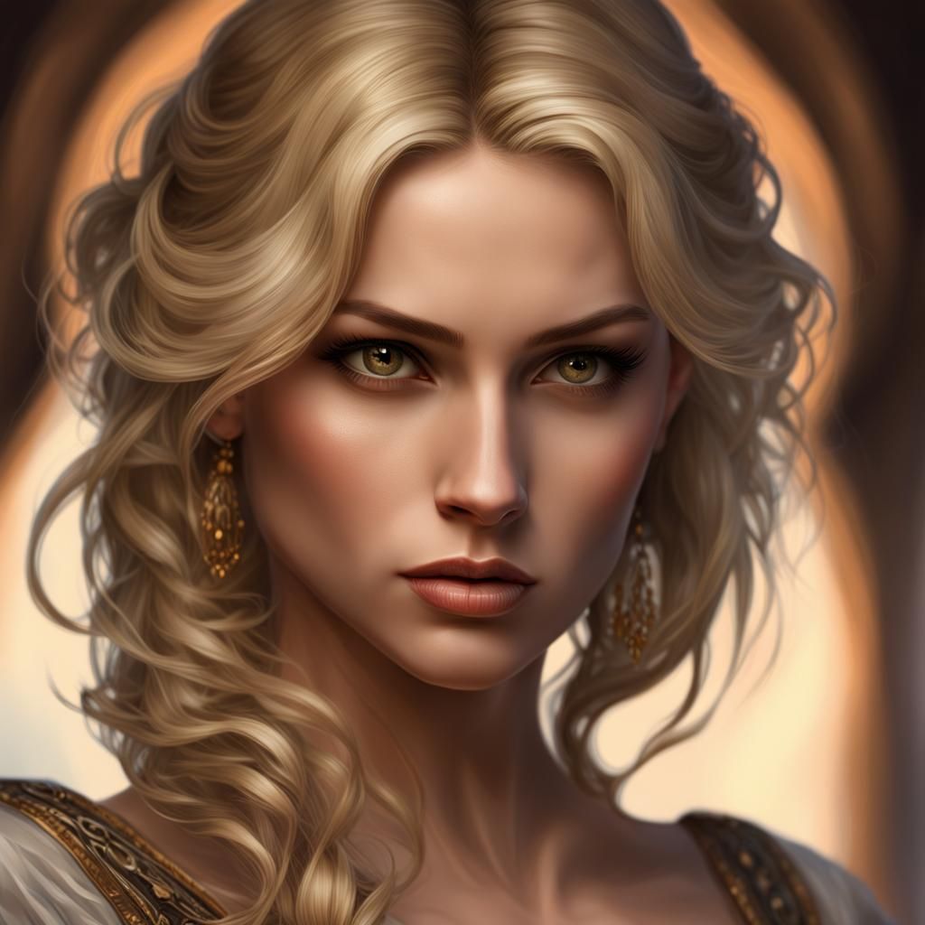 deep Brown eyed woman with blonde hair , grumpy, evil  20 so...