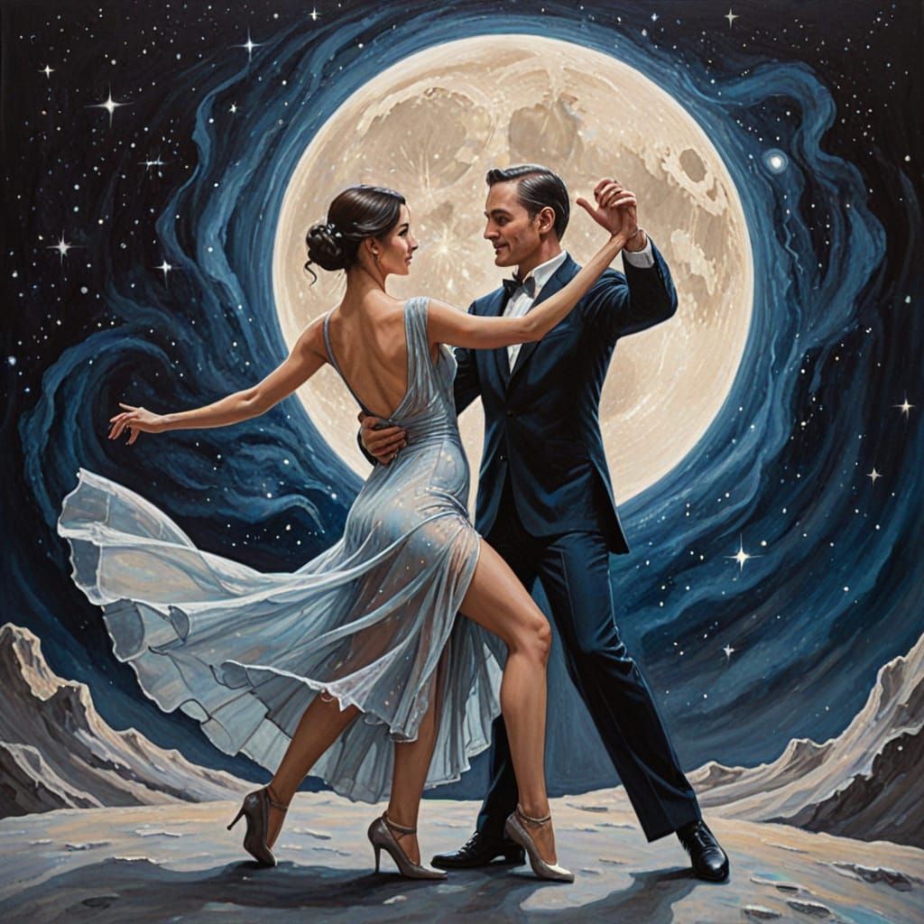 Couple Tango Dancing on the Moon in Romantic Painterly Style
