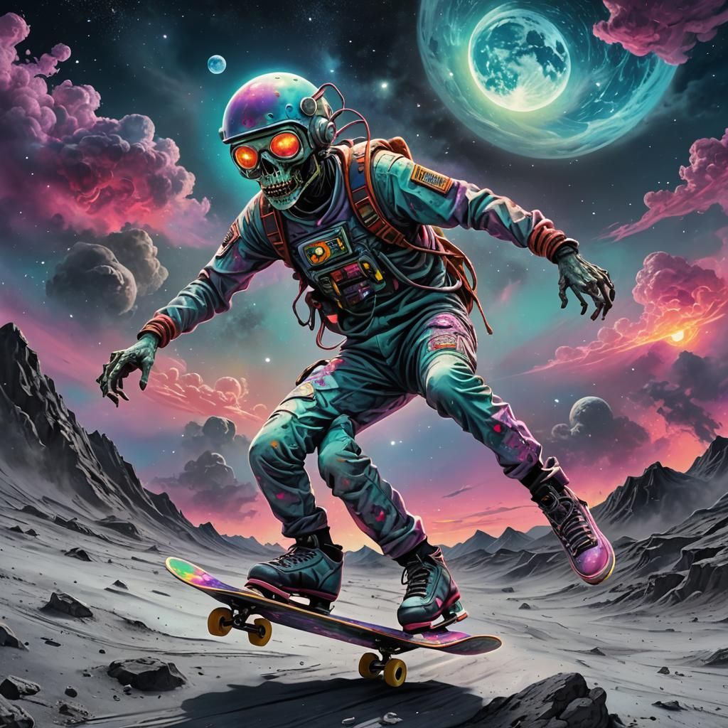 Zombie Skater on the Moon in Cosmic Futurism