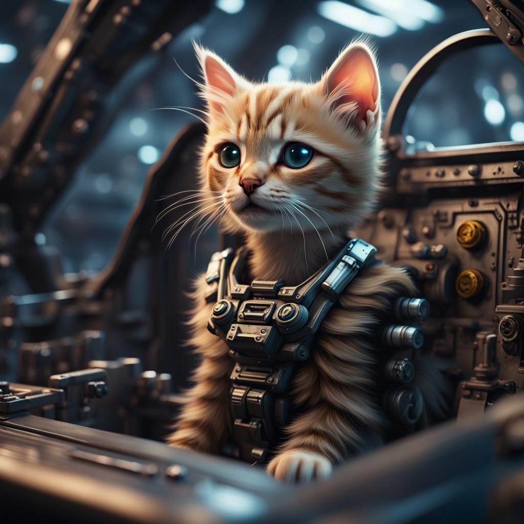 Kitten Piloting Mech in Detailed Fantasy Art