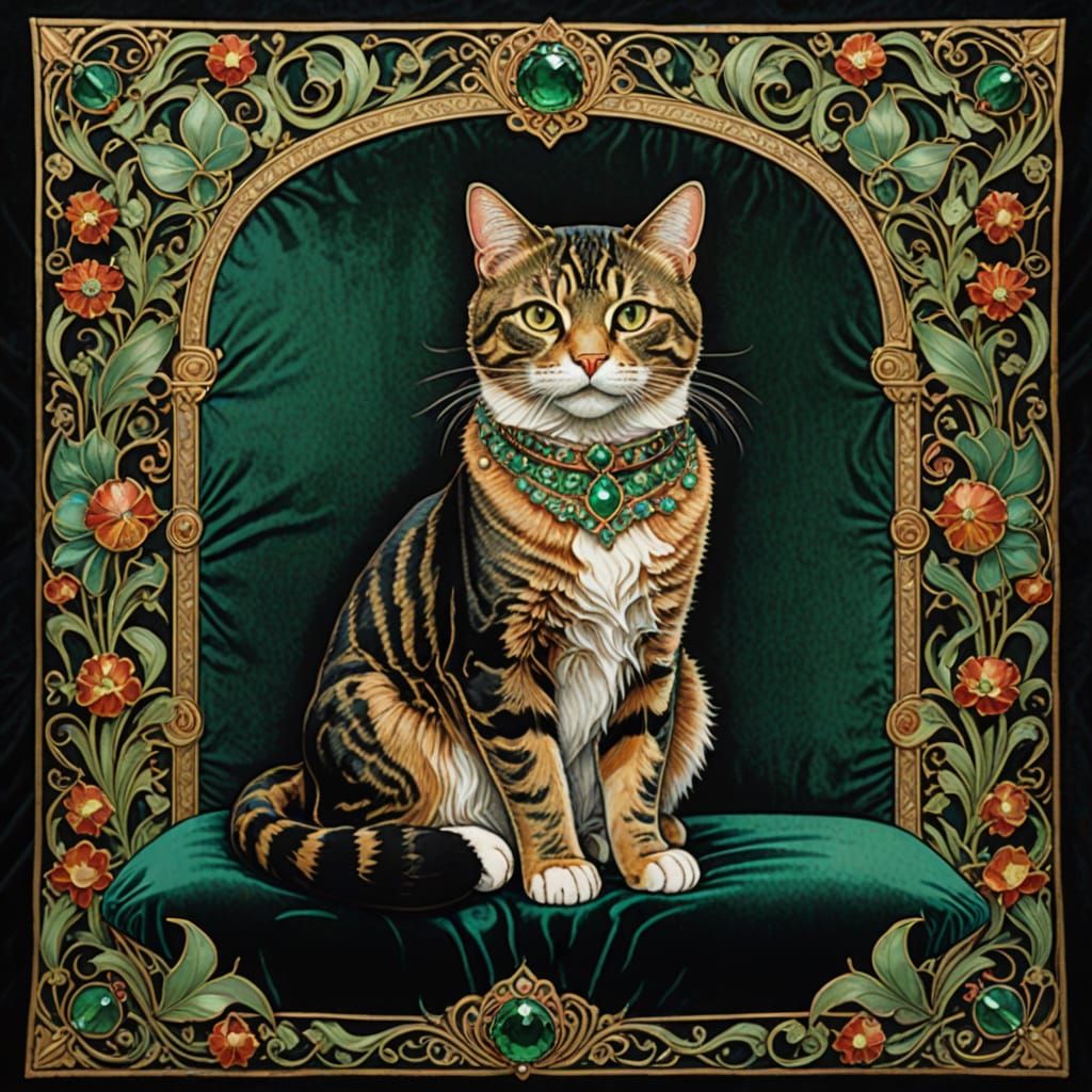 Regal Cat in Art Nouveau Illuminated Manuscript Style