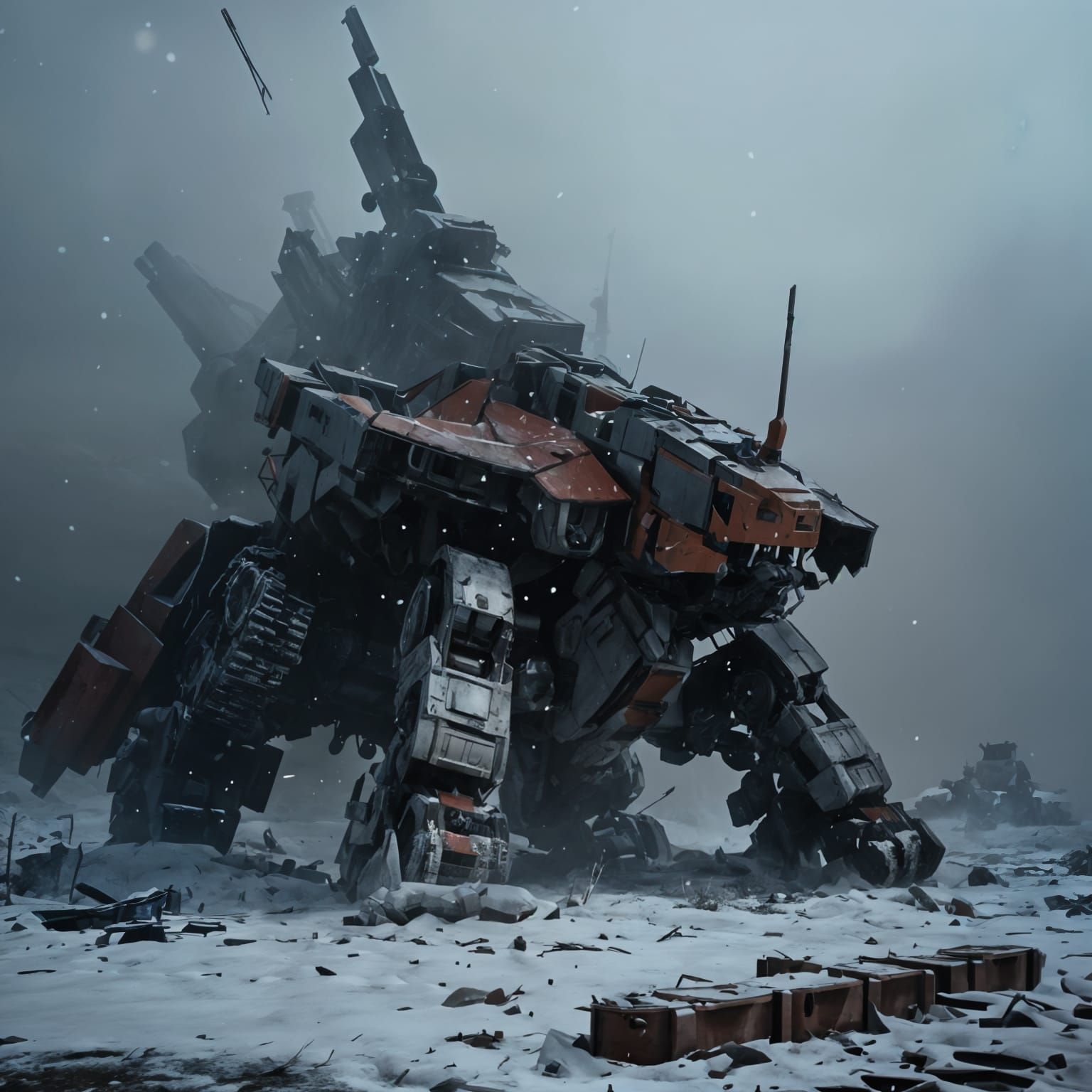 Ruined Mech in Snowy Battlefield at Dusk
