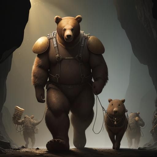 Brown Bear Miner Pushing Gold Cart in Cave
