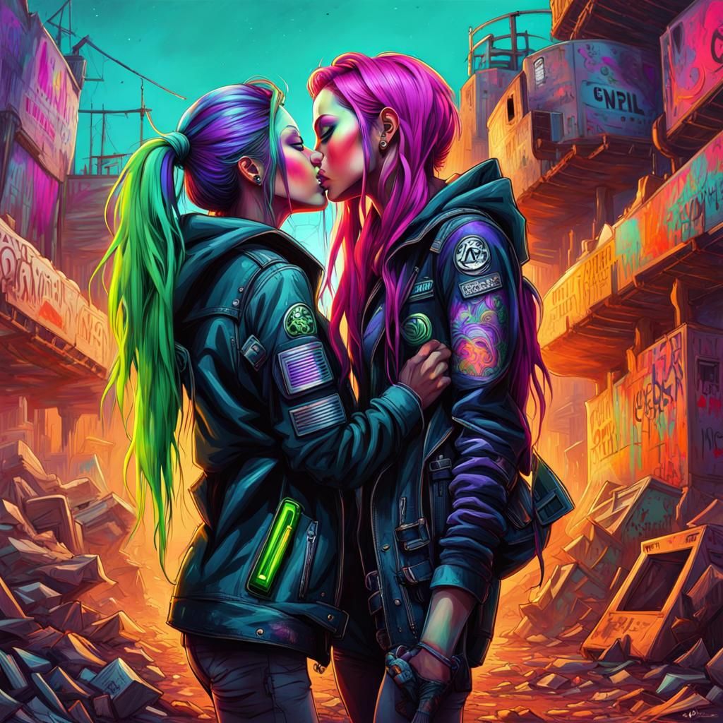 Cyberpunk Kiss in Post-Apocalyptic Wasteland