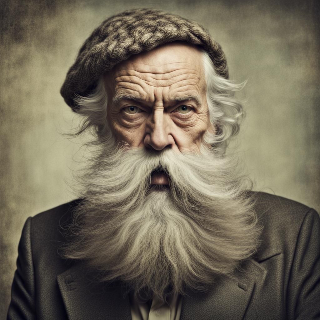 Surreal Portrait: Old Man with Cat in Beard