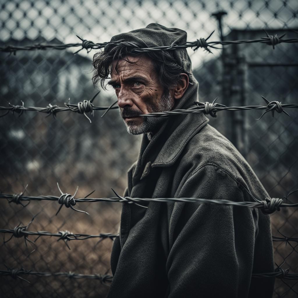 Cinematic Jail Scene Behind Barbed Wire Fence