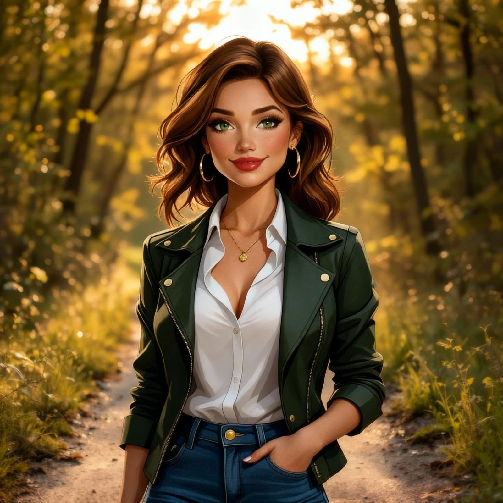 Woman Walks Through Sunlit Forest Path