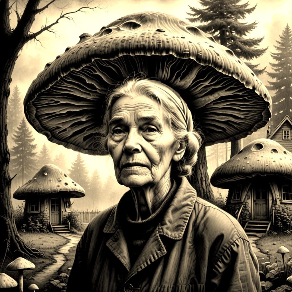 Fungal Fantasy: A Charcoal Drawing of a Mushroom Home