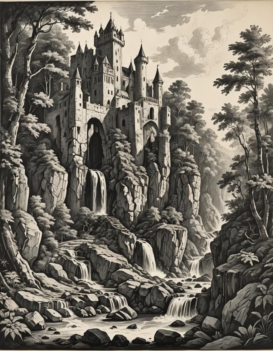 Castle Ruins in Forest, Ink Drawing Illustration