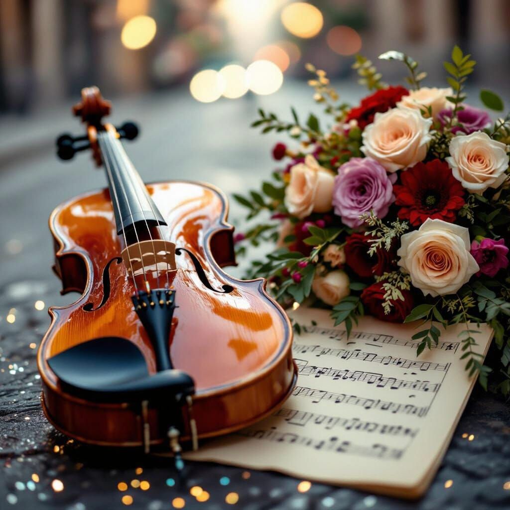Photorealistic Violin, Music Score, and Flowers with Glitter