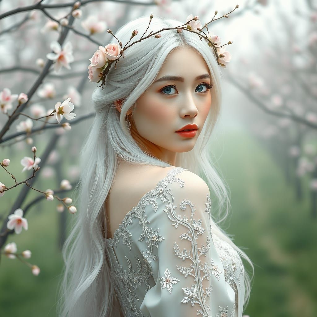 Ethereal Woman in Orchard, Rutkowski Style