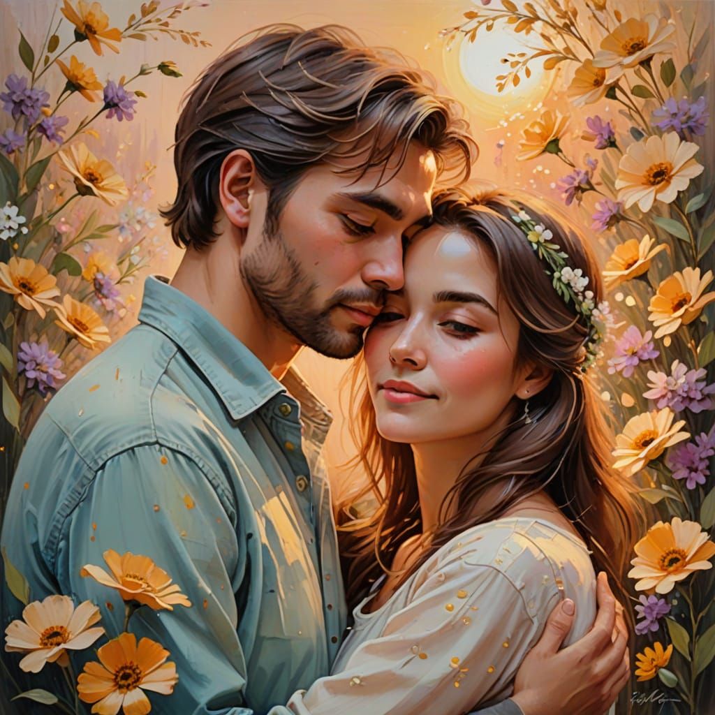 Romantic Couple Embracing in Golden Light