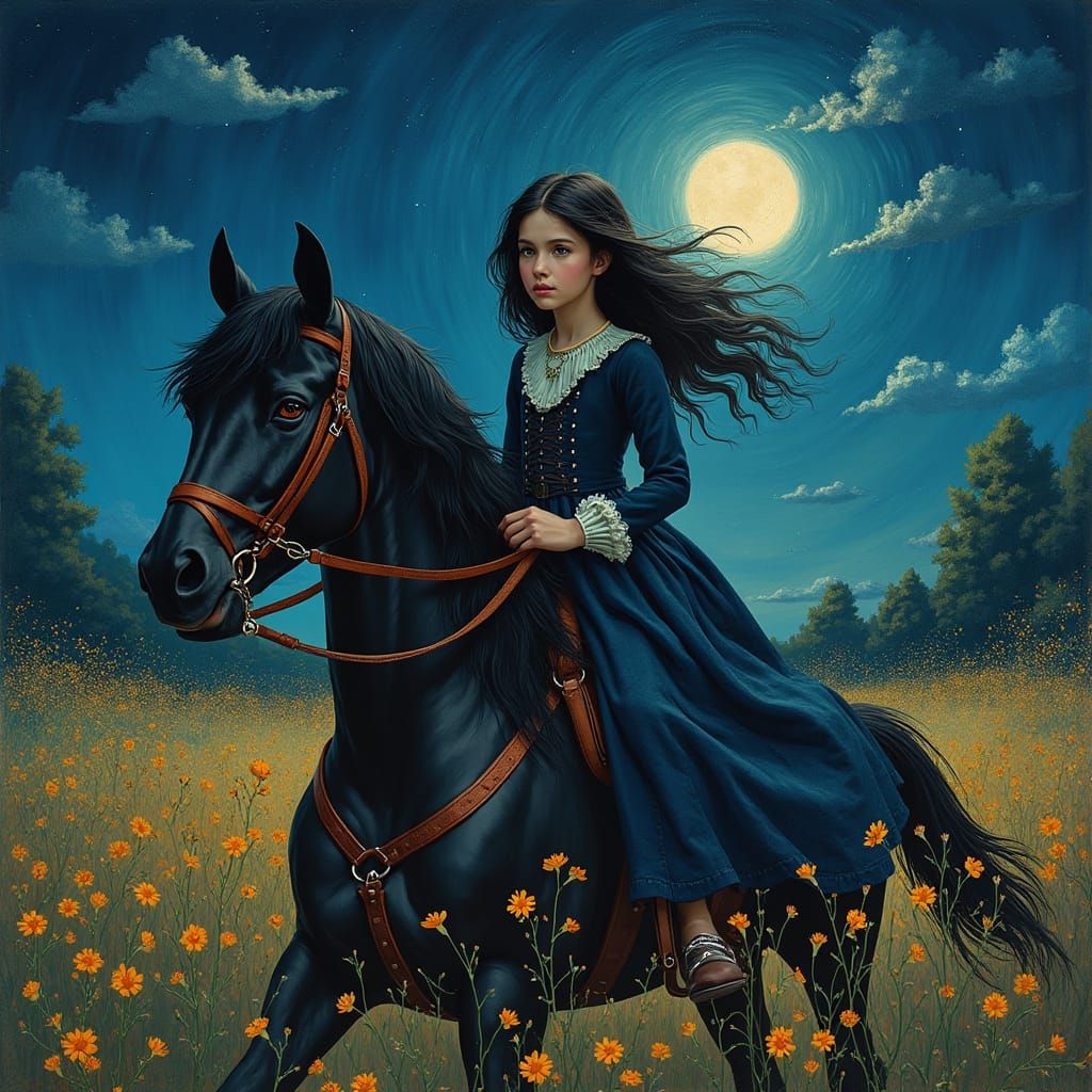 Girl on Horseback in Van Gogh Style Under Starry Night