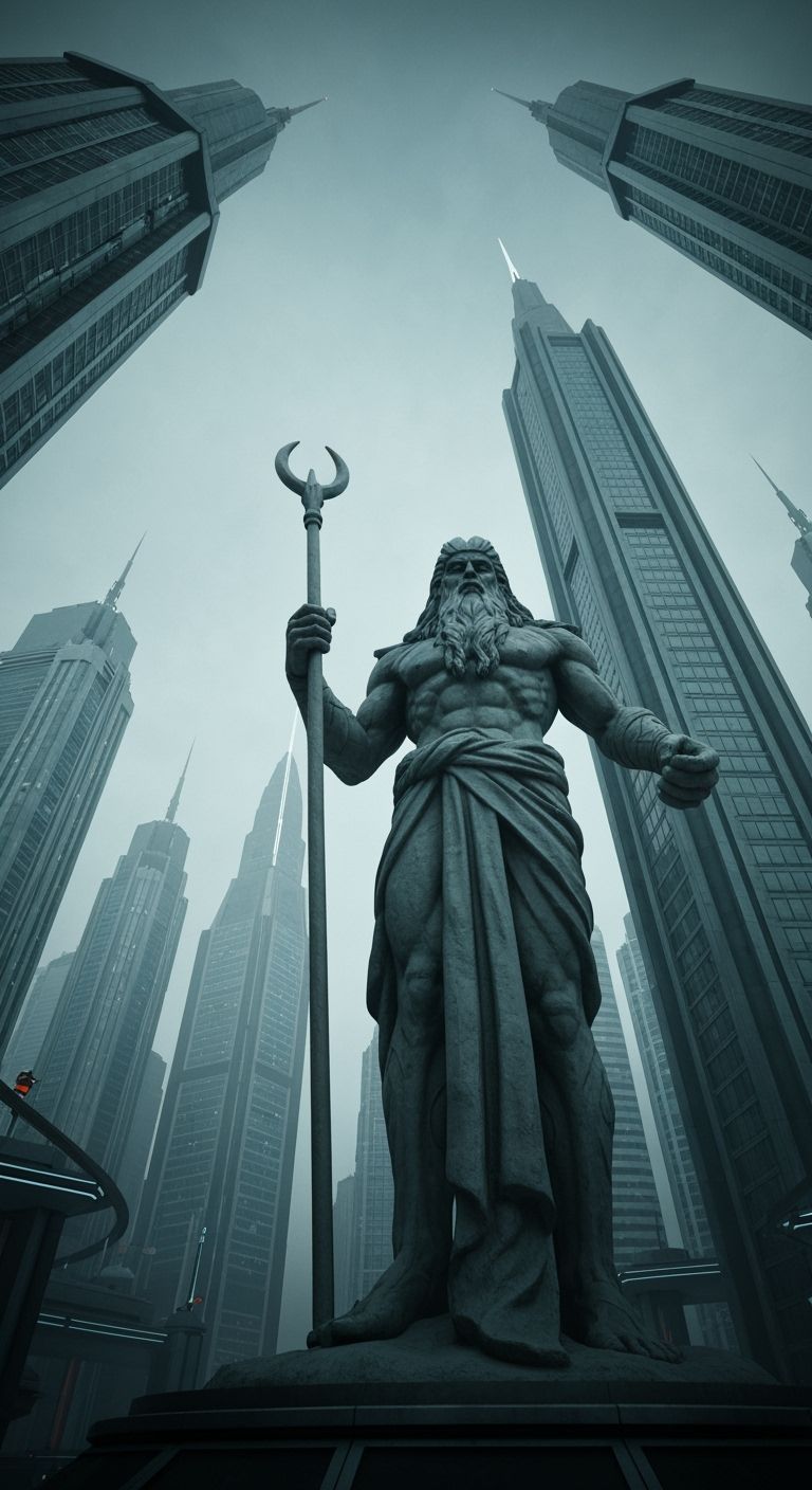 Kronos Sculpture in Futuristic Cityscape
