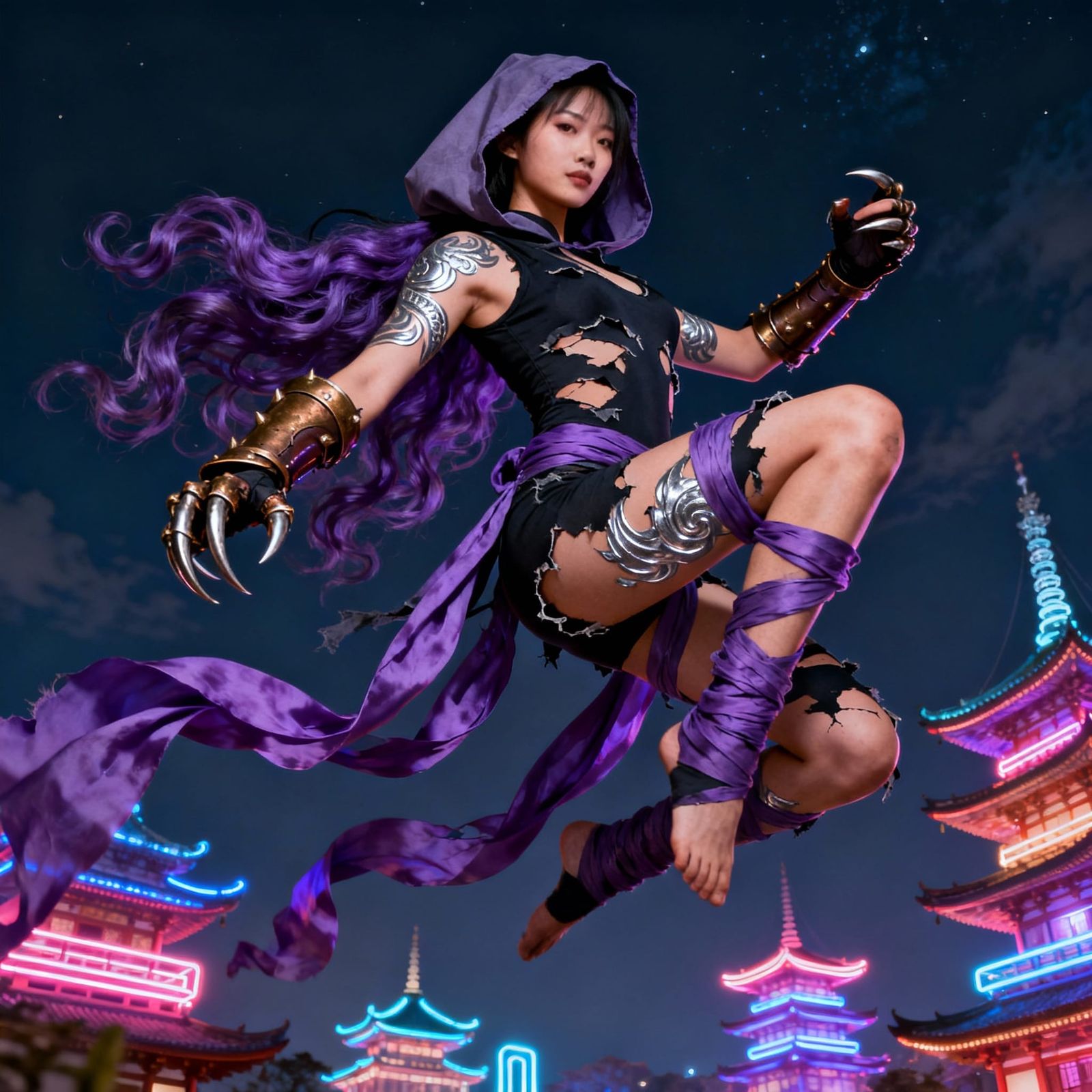 Warrior Princess Above Neon Pagodas