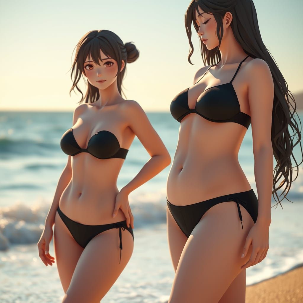 Anime Woman with Curvy Figure on Beach