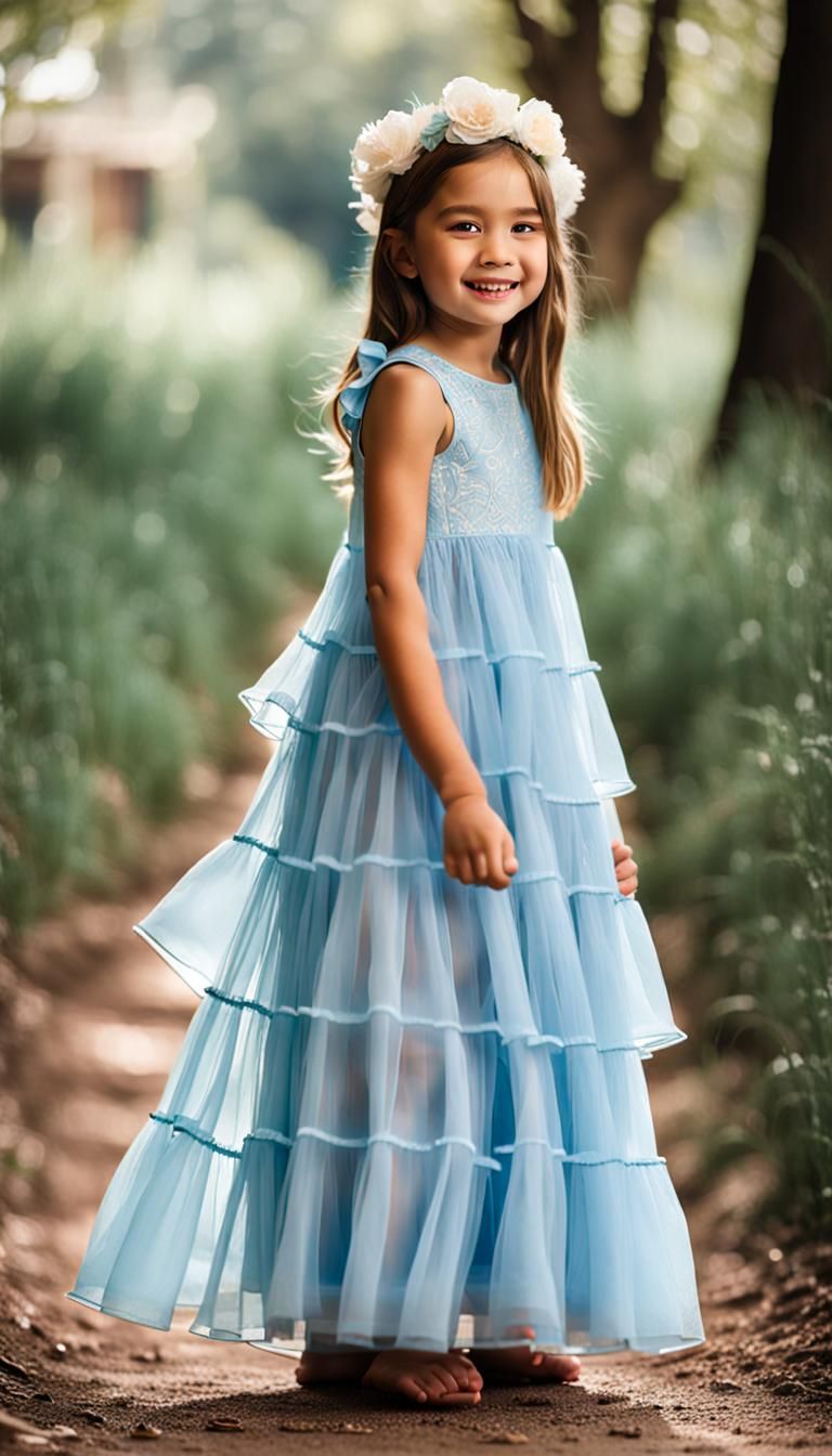 Girl in Light Blue Tiered Sheer Dress
