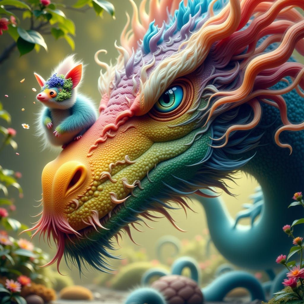 Dragon Snout with Rainbow Creature, Whimsical Vibrant Style