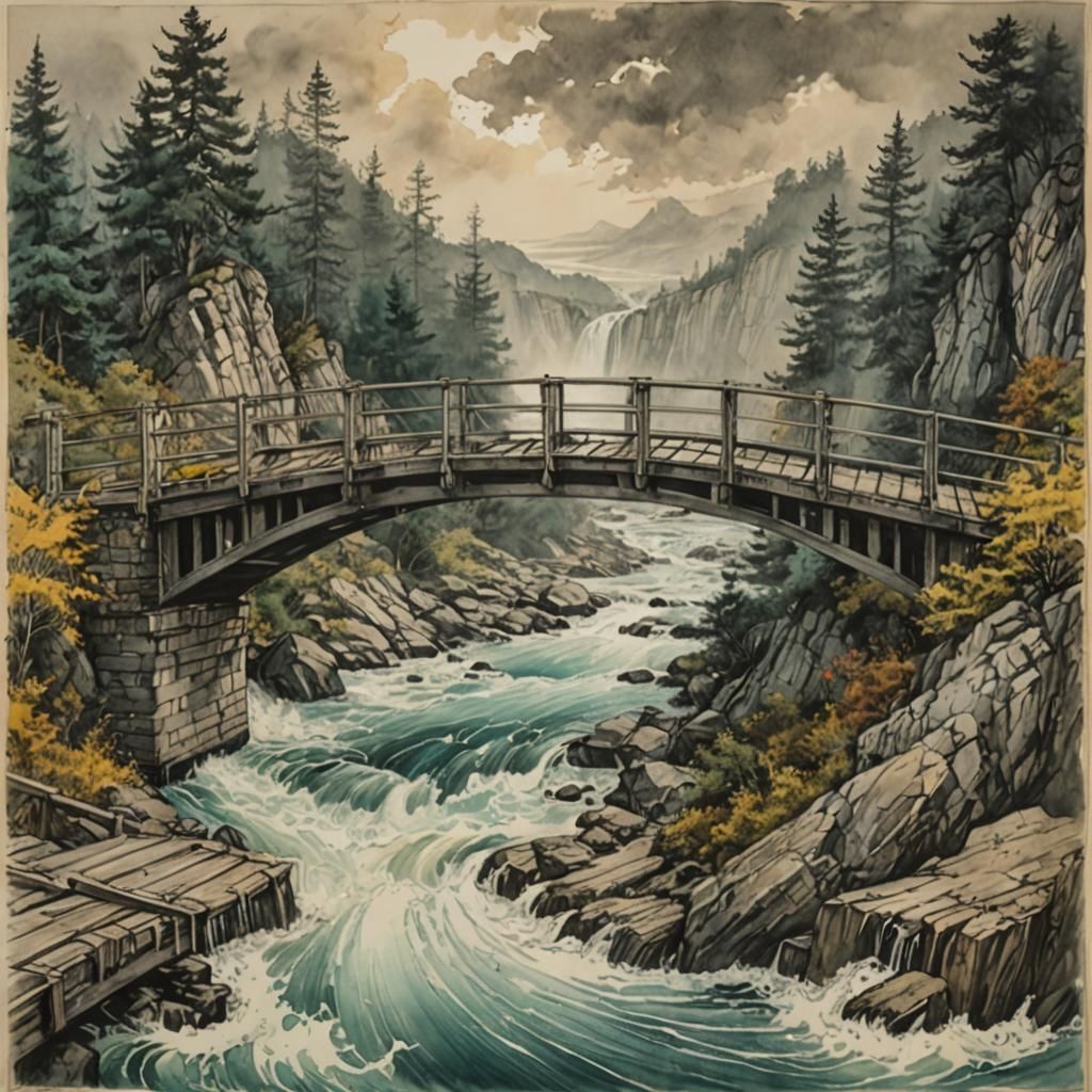 Retro-Futuristic Footbridge Over Turbulent Waters