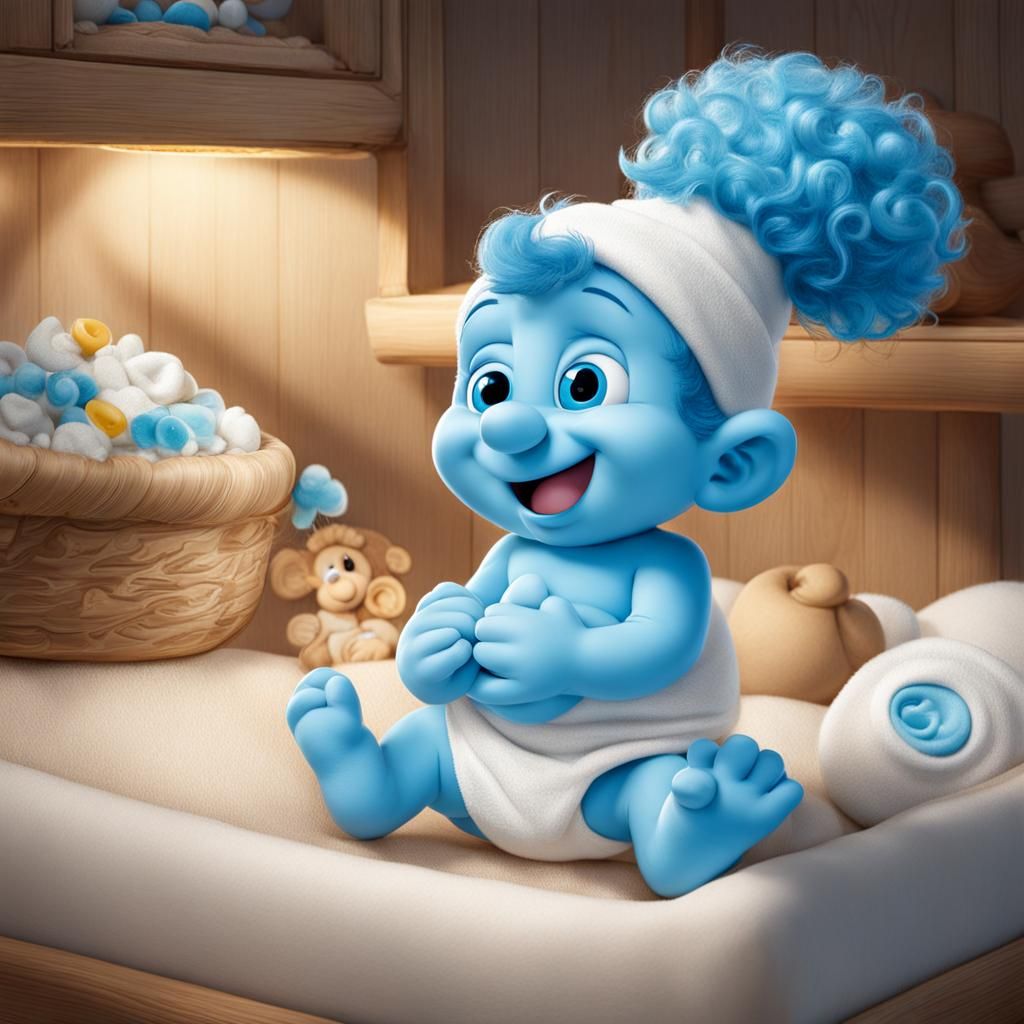 Baby Smurf with Curly Hair in Diaper