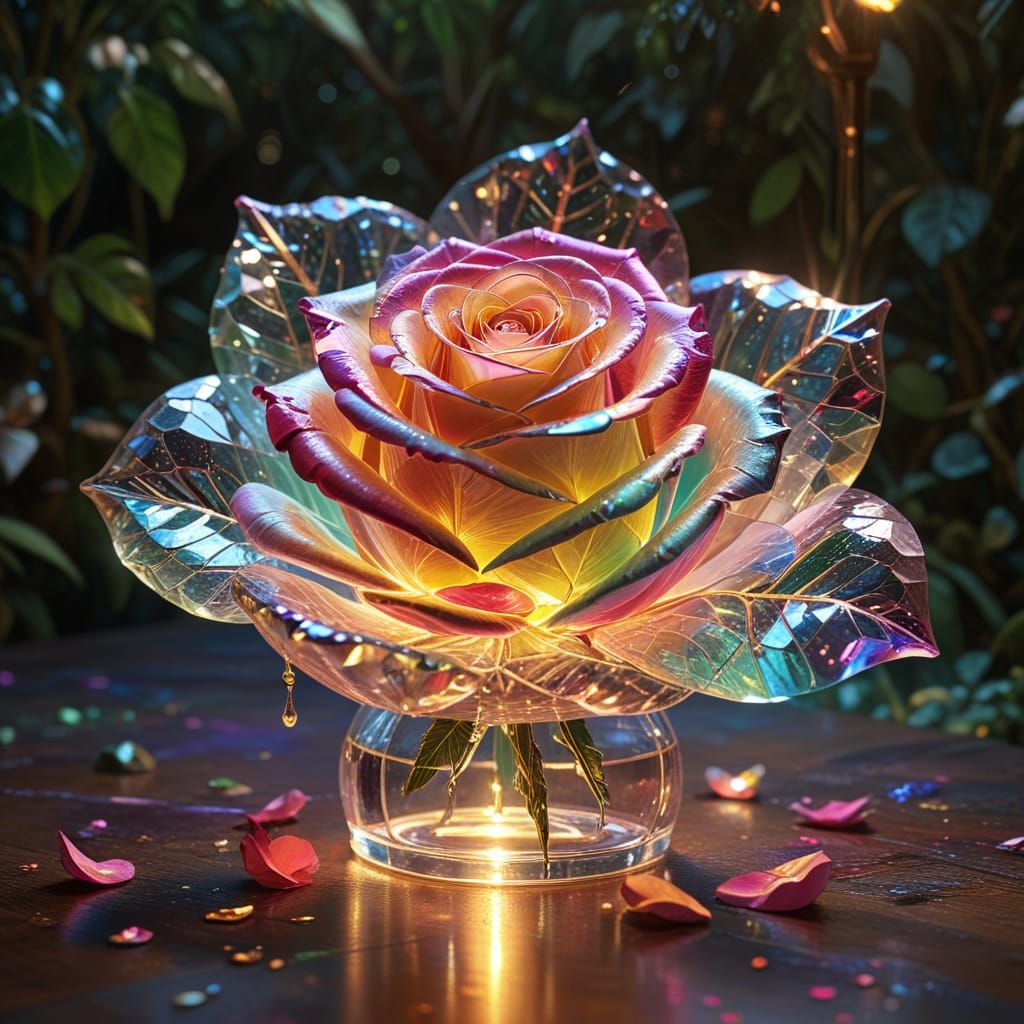 Prismatic Glass Rose in Surreal Jungle Oil Painting