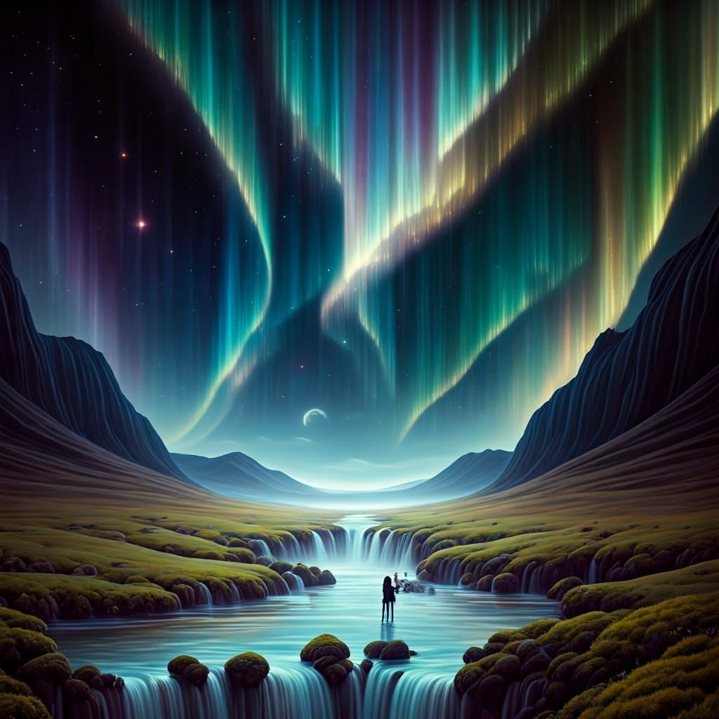 Ethereal Dreamscape with Iridescent Hills and Shimmering Wat...