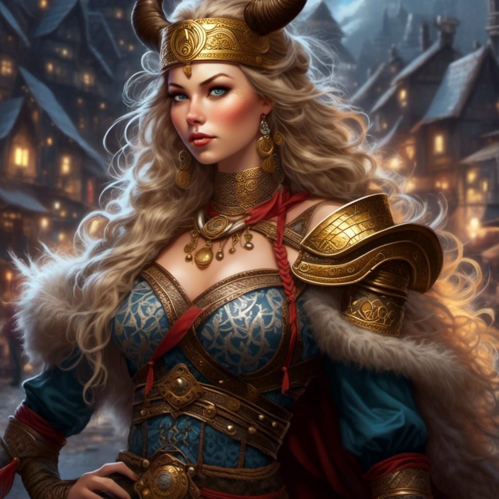 Viking Woman in Village: Fantasy Digital Art