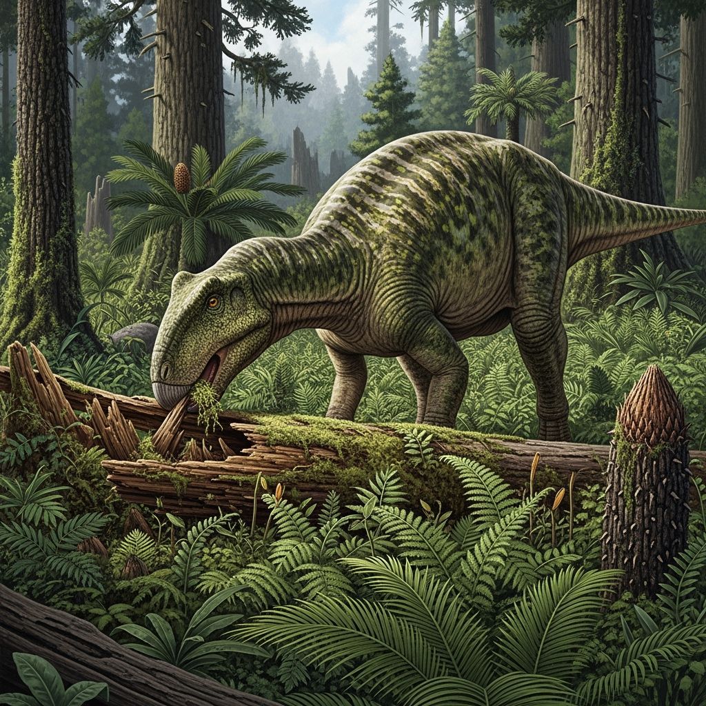 Hadrosaur Feeding in Jurassic Forest, Paleo-Art Illustration