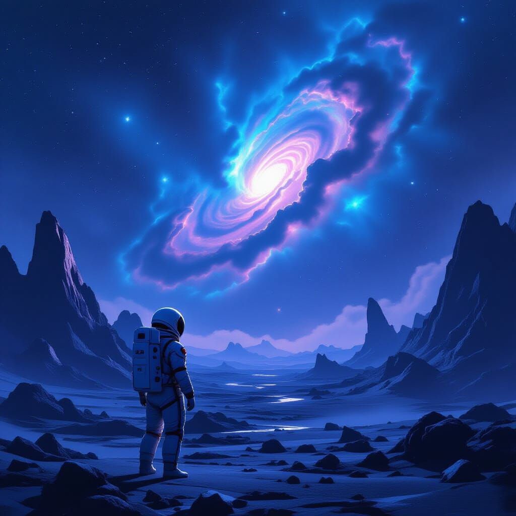 Astronaut Gazes at Bioluminescent Nebula on Alien Planet