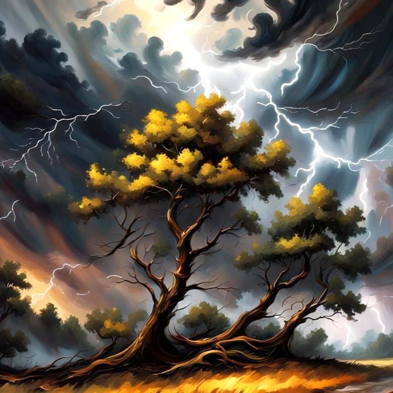 A stormy scene with trees bending in the wind and leaves swi...