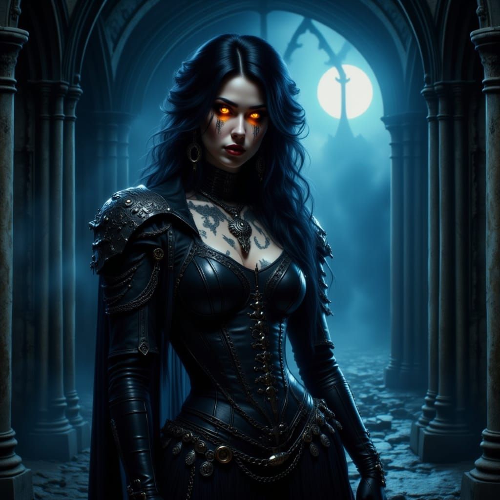 Gothic Warrior Portrait in Moonlit Ruins