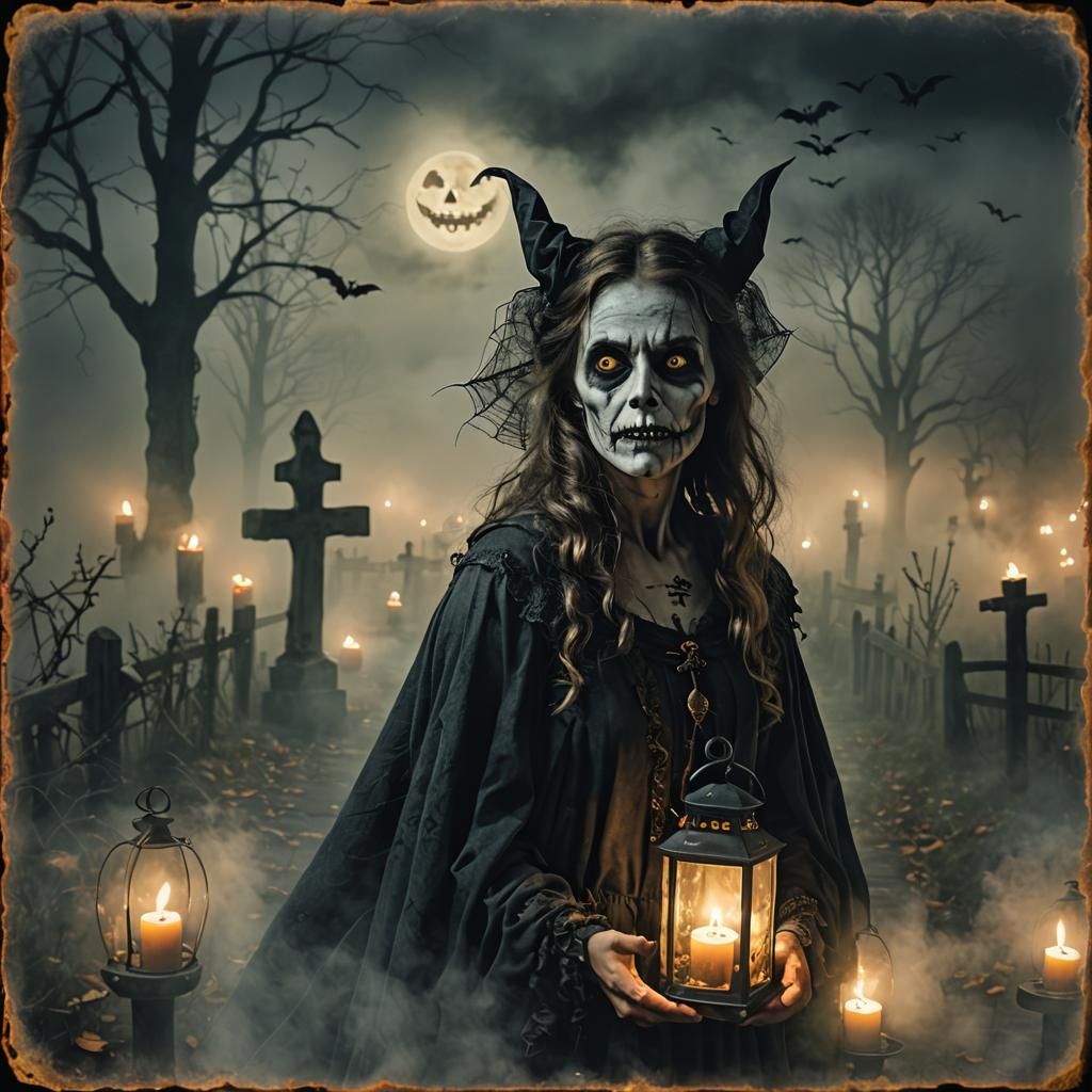 Spooky Halloween Scene with Pumpkins and Ghosts