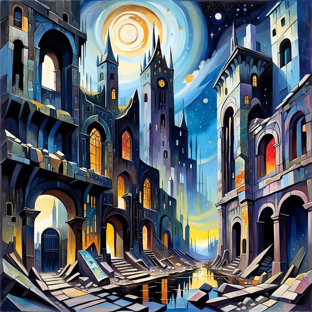 Fantasy Ruins with Galactic Sky in Oil Paints