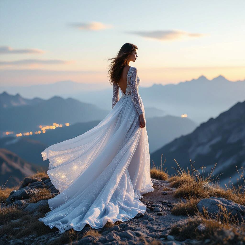 A solitary woman stands on a windswept mountain peak, her fl...