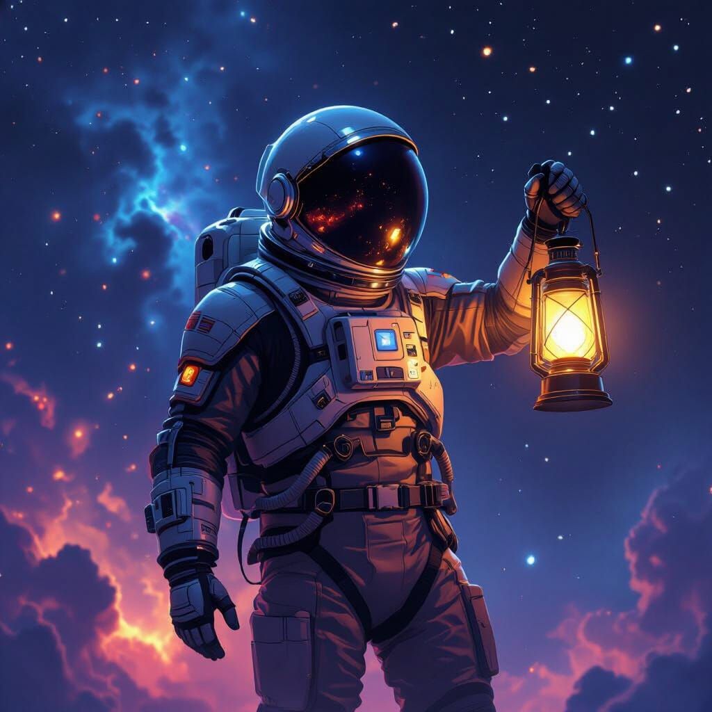 Astronaut Adrift in Space with Glowing Lantern