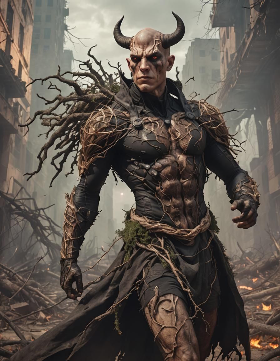 Neofuturistic Taurus Man Dominates Ruined Cityscape