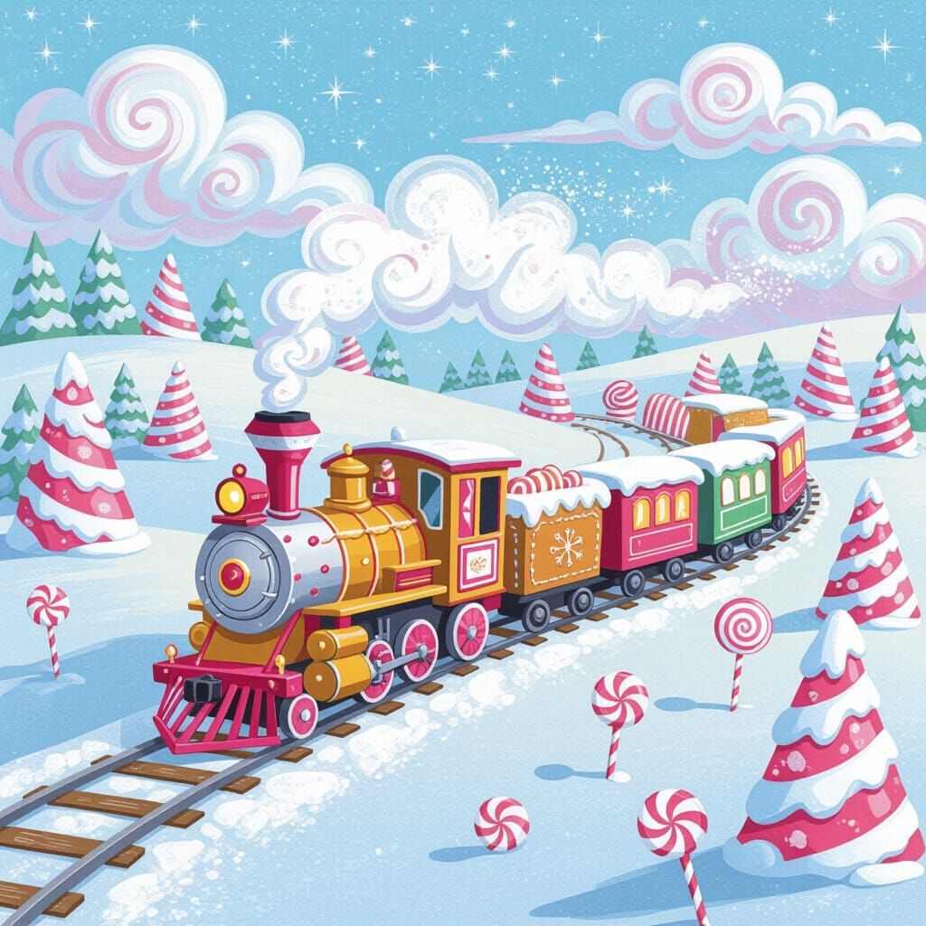 Whimsical Candy Train in Magical Winter Wonderland