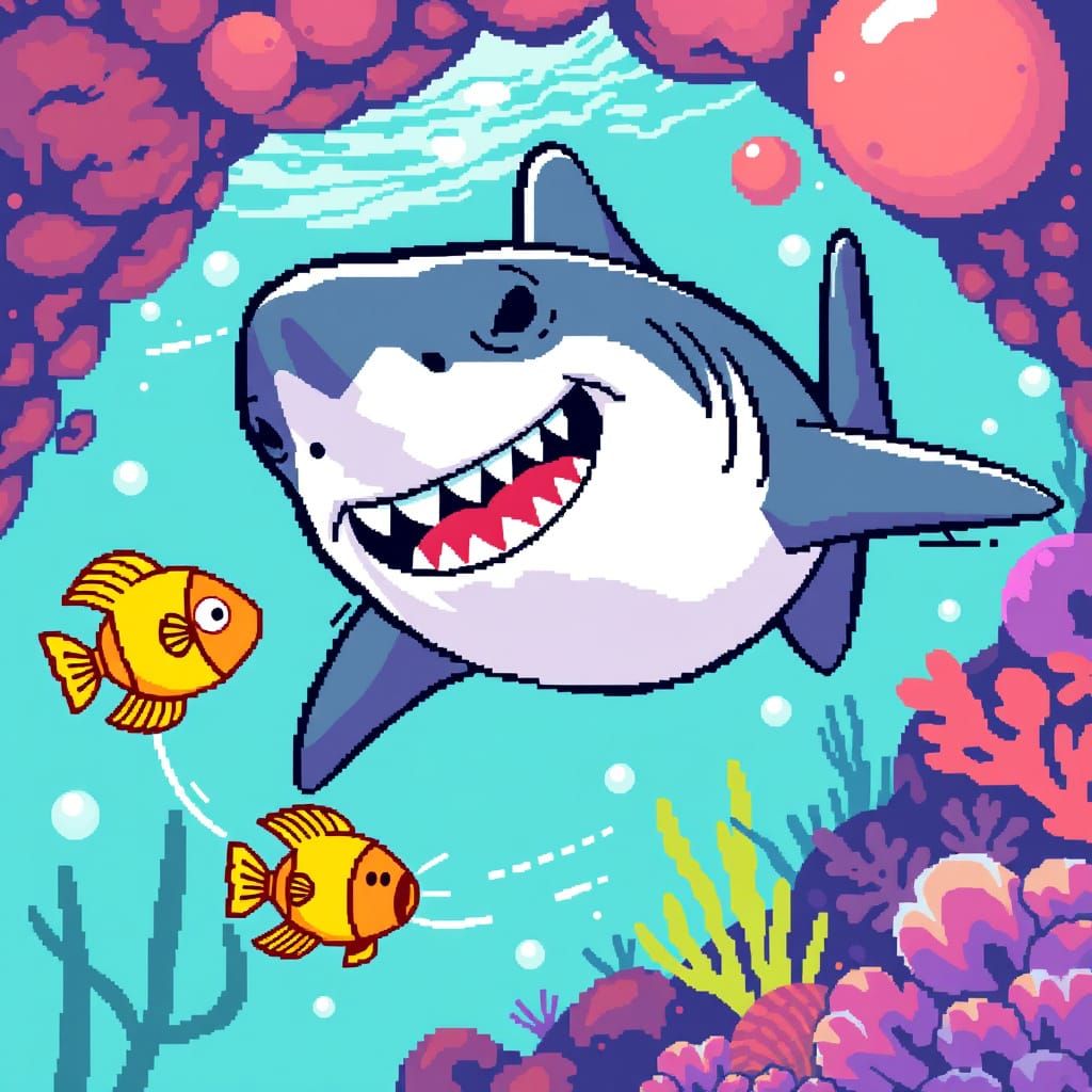 Pixelart Shark Chasing Fish in 8bit Underwater Scene