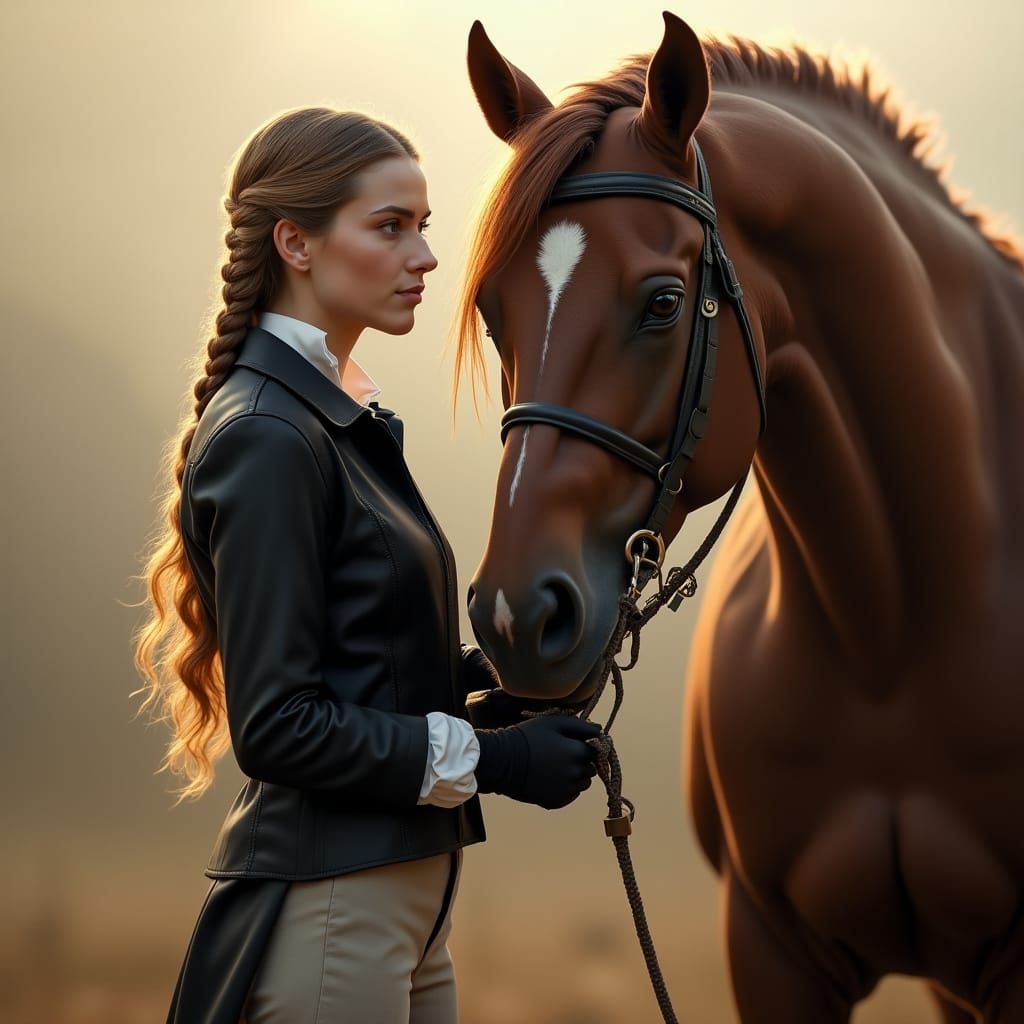 Contemplative Moment: Woman and Horse in Golden Light