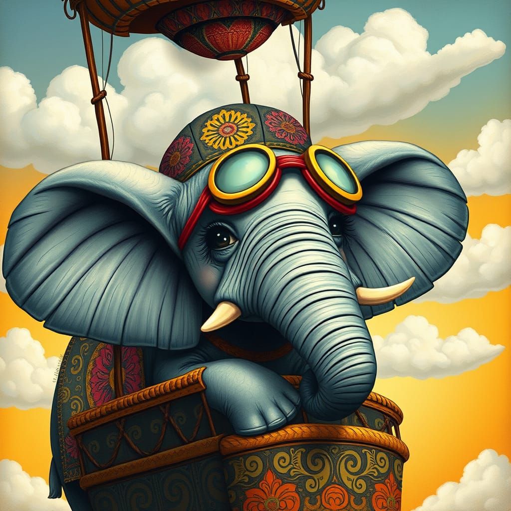 Whimsical Elephant Soars in a Vibrant Hot Air Balloon