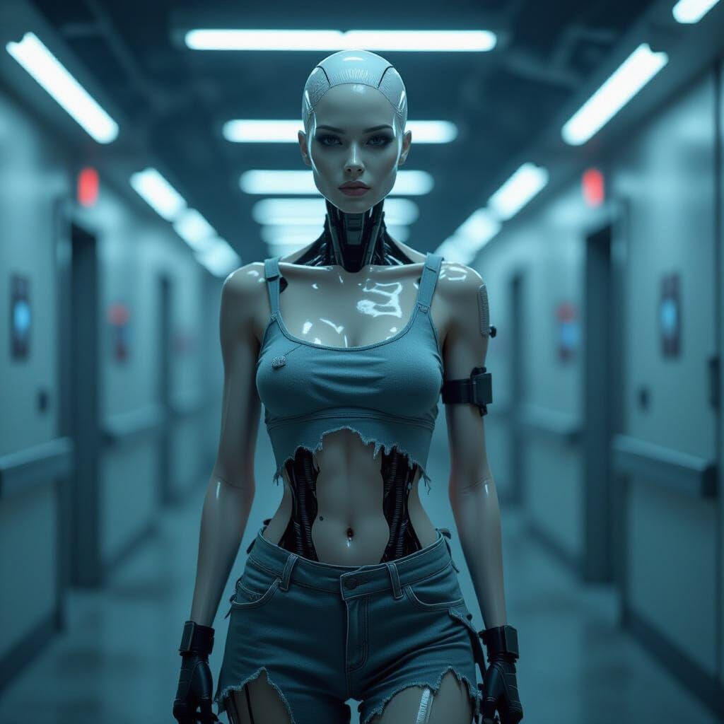Hyper-Realistic Humanoid Figure in Dystopian Setting