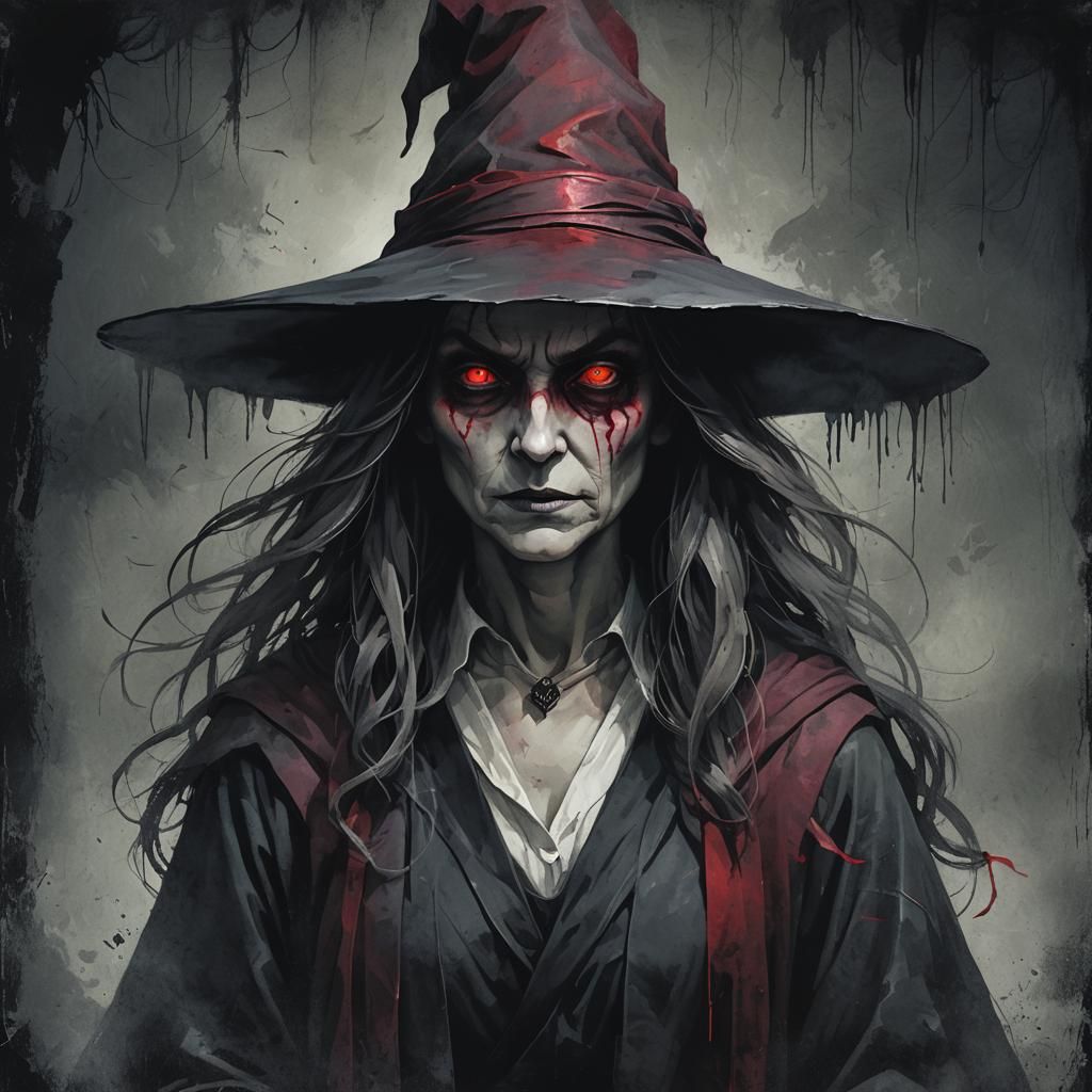 Ethereal Witch with Glowing Eyes in Grayscale and Crimson