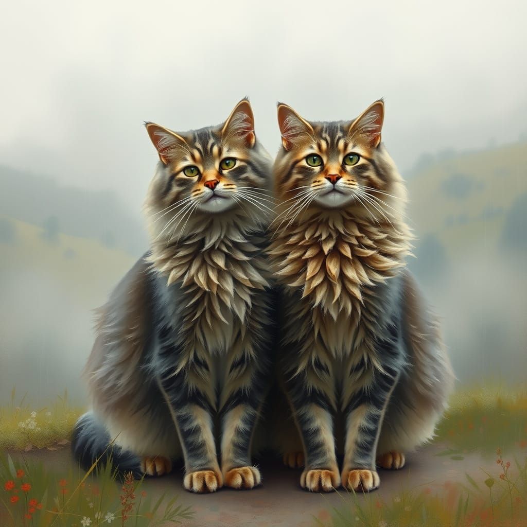 Cats in Misty Landscape: Impressionistic Style