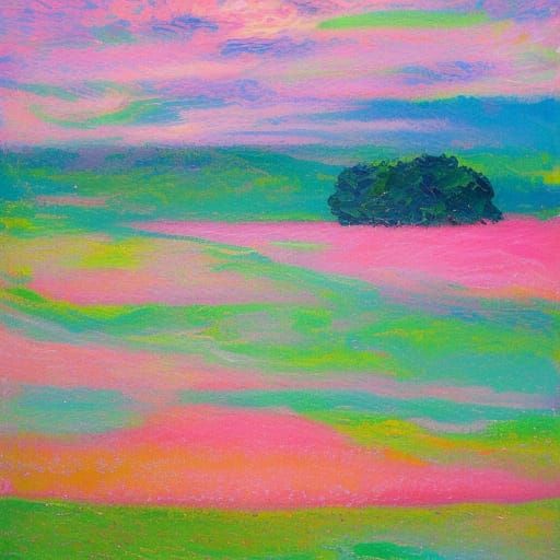 Pink Dress in Field: Neo-Impressionist Oil Painting